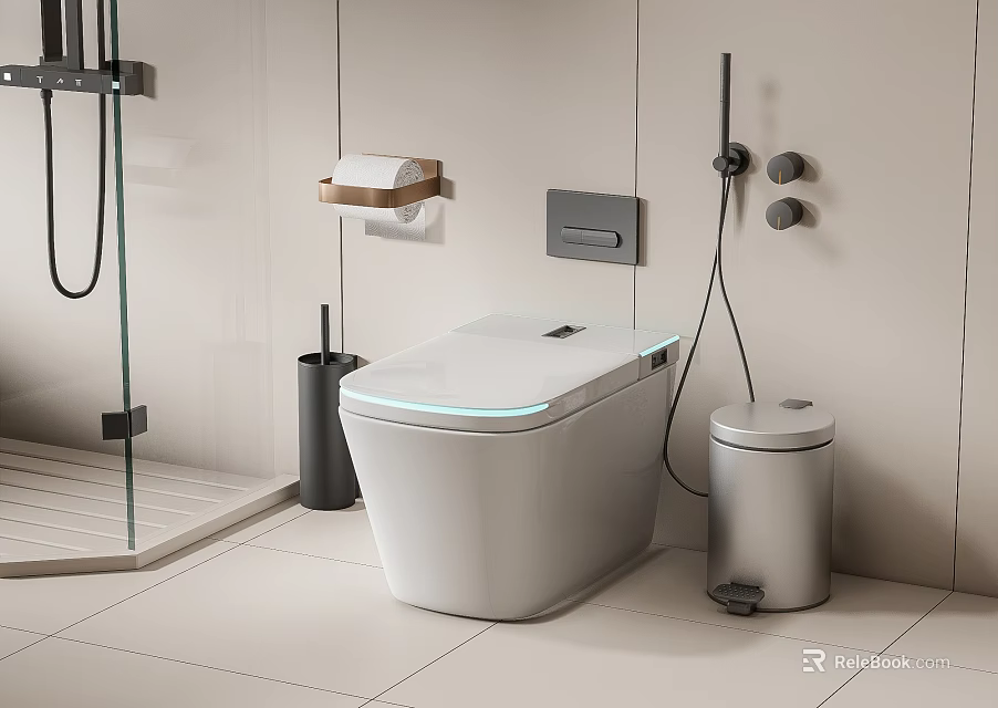White Smart Toilet With LED Light In Modern Bathroom With Trash Bin And Holder 3d model 