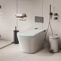 White Smart Toilet With LED Light In Modern Bathroom With Trash Bin And Holder