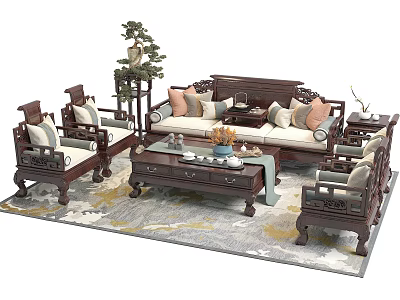 Traditional Chinese Wooden Sofa Coffee Table Set With Cushions And Decorative Elements 3d model