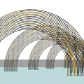 Curved Metal Pergola With String Lights And Water Reflection Against Sunset Sky