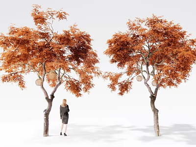 Two Trees With Orange Red Leaves And Hanging Lanterns With A Woman Standing Below 3d model
