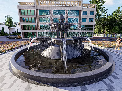 Ornate Fountain With Central Sculpture Water Flowing In Urban Plaza With Buildings And Greenery 3d model