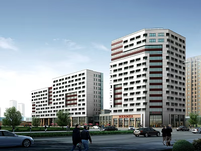 Modern Office Buildings In Urban Setting With Street Scene And Vehicles 3d model