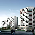 Modern Office Buildings In Urban Setting With Street Scene And Vehicles
