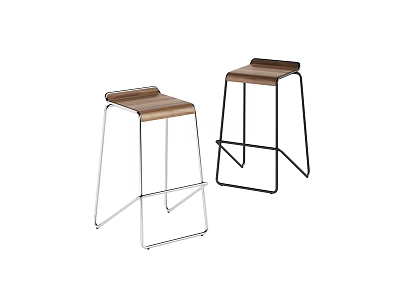 Two Modern Bar Stools Featuring Wooden Seats And Silver Black Metal Frames 3d model