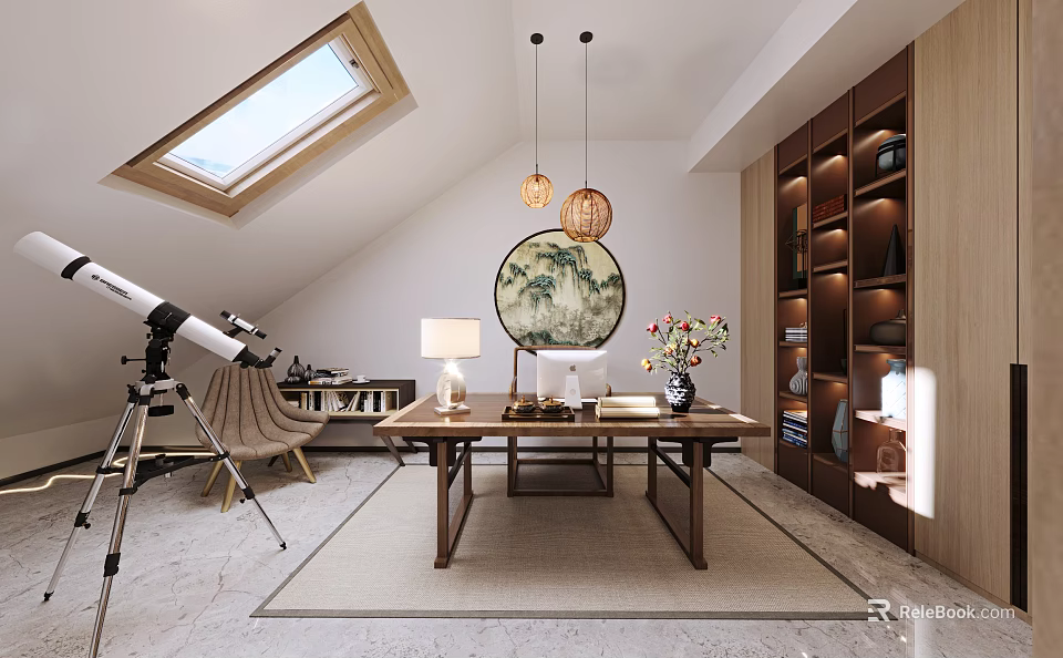 Cozy Study Room With Skylight Telescope Round Decorative Painting And Wooden Bookshelves 3d model 