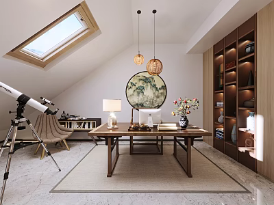 Cozy Study Room With Skylight Telescope Round Decorative Painting And Wooden Bookshelves 3d model