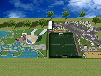 Park Landscape With Soccer Field Water Pool Green Lawn And Trees 3d model