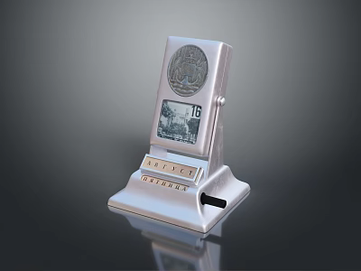 Silver Metal Sculpture Carving With Intricate Relief Patterns And Digital Display Elements 3d model