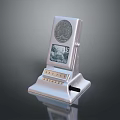 Silver Metal Sculpture Carving With Intricate Relief Patterns And Digital Display Elements