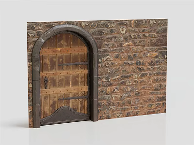 Arched Wooden Entrance Door With Stone Wall And Metal Hardware Design 3d model