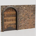 Arched Wooden Entrance Door With Stone Wall And Metal Hardware Design