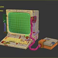 Vintage Computer Featuring Green Screen Retro Design Red Cables And Side Console