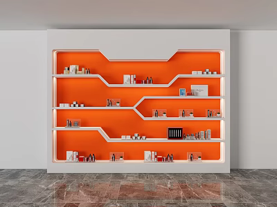 Modern Display Shelf Design with White Frame Orange Backboard Multiple Shelves and Various Small Items 3d model