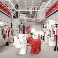 Modern Clothing Store Interior With Red Bear Sculptures White Clothes And Display Racks
