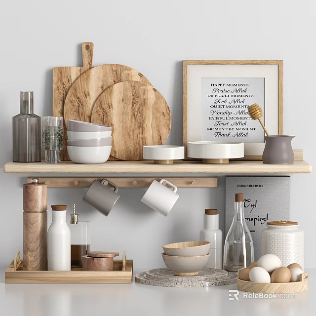 Stylish Kitchenware Shelf Display with Wooden Cutting Boards Ceramic Bowls Glass Jars Honey Dipper and Egg Container 3d model 