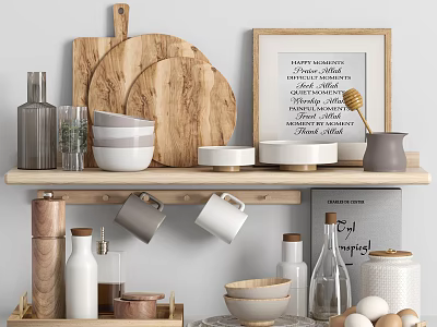 Stylish Kitchenware Shelf Display with Wooden Cutting Boards Ceramic Bowls Glass Jars Honey Dipper and Egg Container 3d model