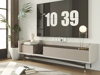 Modern TV Stand With Sleek Design Sculpture Books Floor Lamp And Potted Plant 3d model