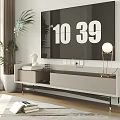 Modern TV Stand With Sleek Design Sculpture Books Floor Lamp And Potted Plant