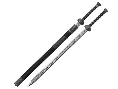 Two Traditional Chinese Swords as Weapon with Decorative Hilt Engraved Blade and Black Scabbard 3d model