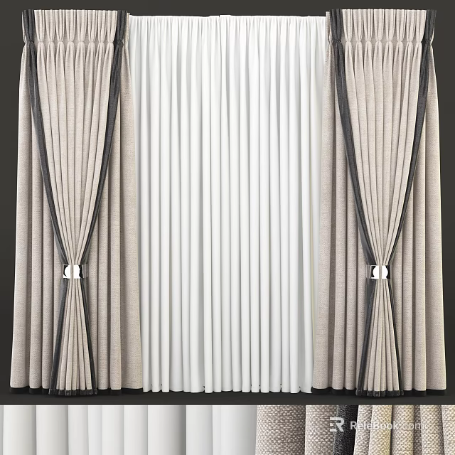 Beige Curtains With White Sheer Center Panels And White Tiebacks For Home Windows 3d model 