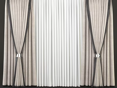 Beige Curtains With White Sheer Center Panels And White Tiebacks For Home Windows 3d model