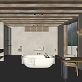 Hotel Room Interior With Wooden Ceiling Woven Wall Panel Bed Bathtub And Mountain View Window