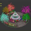 Serene Garden Area Featuring Central Fountain Trees Benches And Colorful Flower Beds