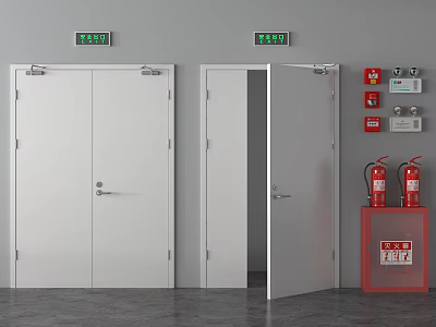 White Safety Exit Doors With Open Door And Green Signs Near Fire Equipment 3d model