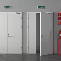 White Safety Exit Doors With Open Door And Green Signs Near Fire Equipment