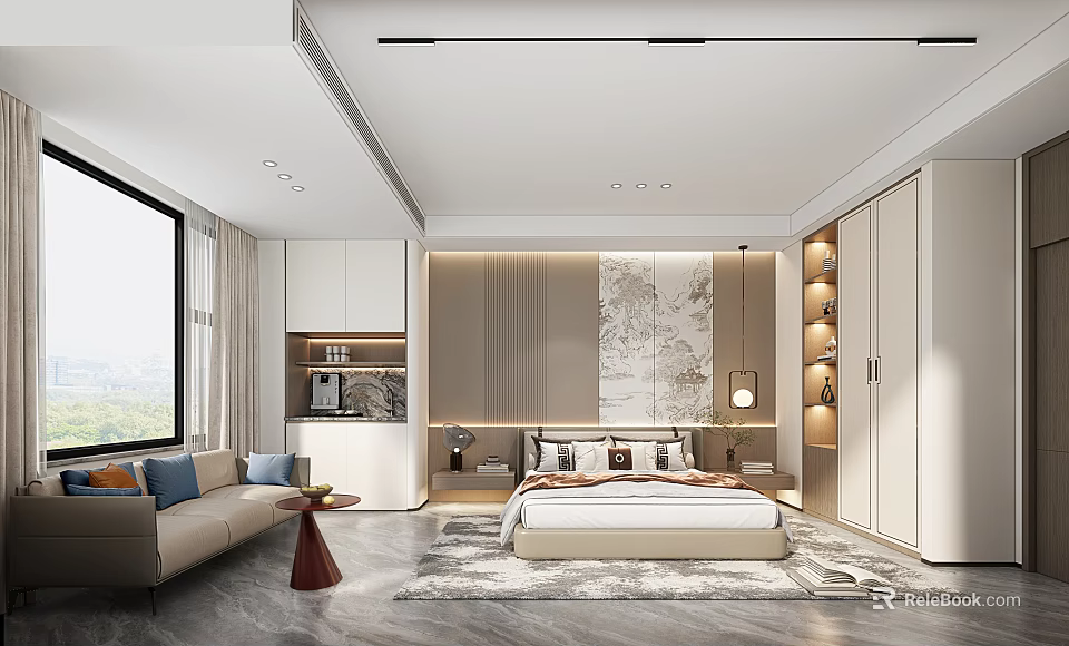 Modern Hotel Room Interior With King Bed Sofa Scenic Window And Decorative Painting 3d model 