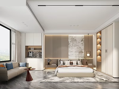 Modern Hotel Room Interior With King Bed Sofa Scenic Window And Decorative Painting 3d model