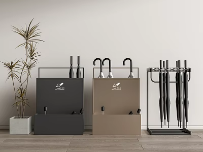 Modern Black And Gold Storage Cabinet Racks With Umbrella Holders And Indoor Plant 3d model