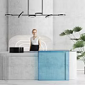 Modern Gray And Blue Reception Desk With Hanging Pendant Lights And Green Palm Plant