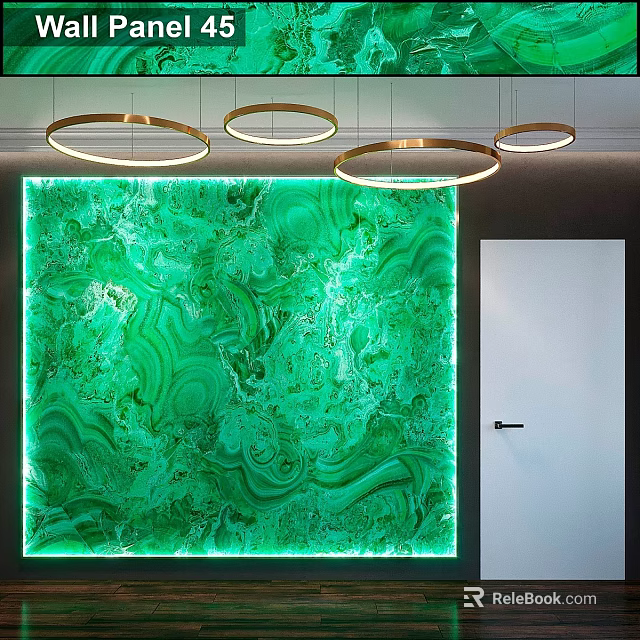Green Marble Pattern Wall Decor With Gold Circular Pendant Lights And White Door Interior 3d model 