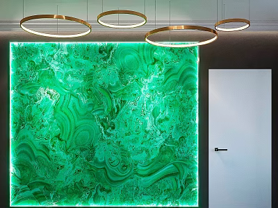 Green Marble Pattern Wall Decor With Gold Circular Pendant Lights And White Door Interior 3d model