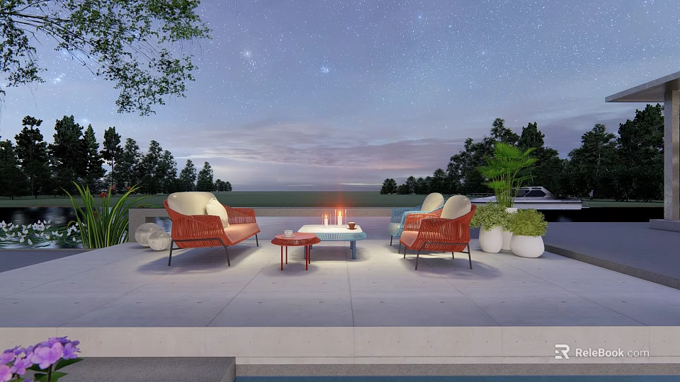 Orange Wicker Outdoor Sofa Set With Fire Pit Under Starry Sky And Water View 3d model 