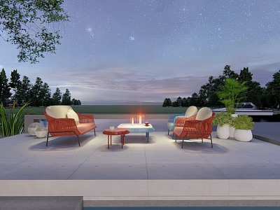 Orange Wicker Outdoor Sofa Set With Fire Pit Under Starry Sky And Water View 3d model