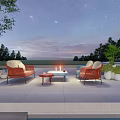 Orange Wicker Outdoor Sofa Set With Fire Pit Under Starry Sky And Water View