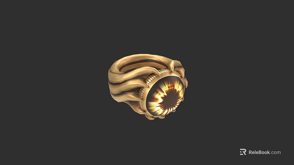 Golden Ring With Wavy Band Design And Central Orange Yellow Glowing Gemstone 3d model 