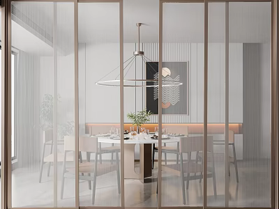 Modern Dining Room With Glass Sliding Doors Wooden Frames Dining Table And Chandelier 3d model