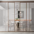 Modern Dining Room With Glass Sliding Doors Wooden Frames Dining Table And Chandelier