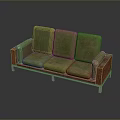 Three Seater Sofa With Green Cushions Wooden Armrests And Metal Legs