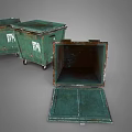 Green Worn Trash Bins With Wheels And One Open Lid Design