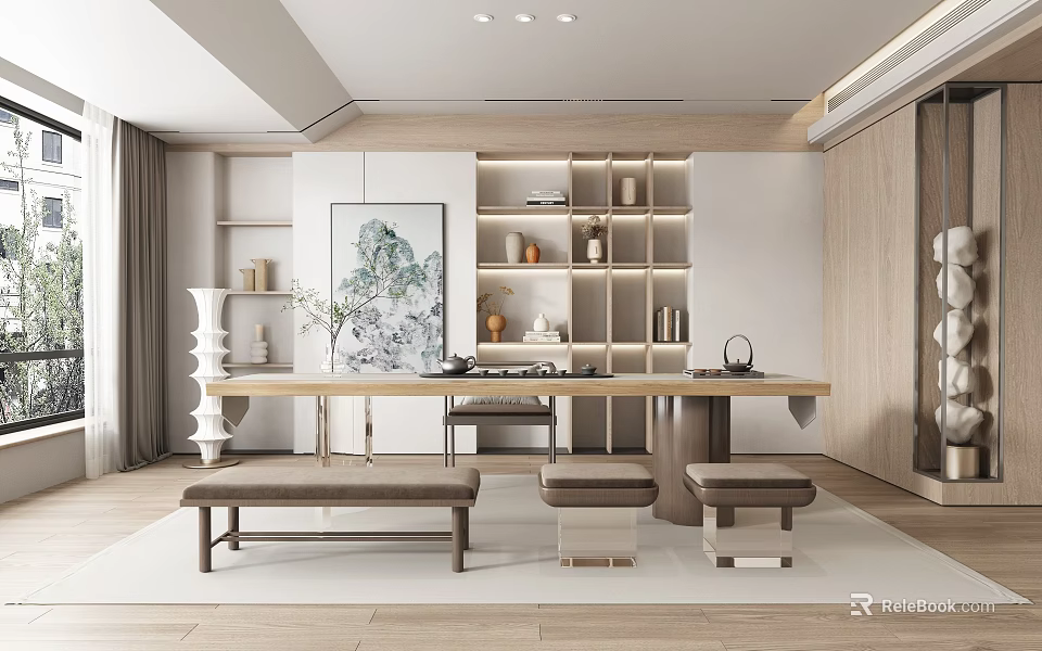 Modern Tea Room Interior With Long Wooden Table Benches Storage Shelves And Decorative Painting 3d model 