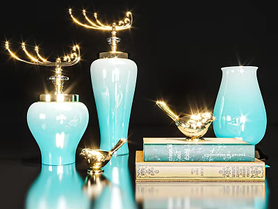 Blue Ceramic Vases Golden Branch Decorations and Bird Figurines Decorative Ornament Set with Stacked Books 3d model