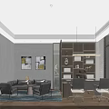 Modern Office Interior With Sofa Coffee Table Bookshelf Large Windows And Artworks 3d model