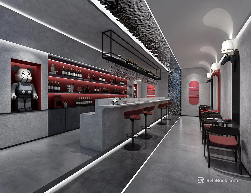 Modern Bar Interior Featuring Bar Counter Red Stools Wine Bottles And Large Bear Decor 3d model