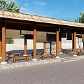 Traditional Pergola With Thatched Roof Wooden Pillars Stone Wall Benches And Green Plants