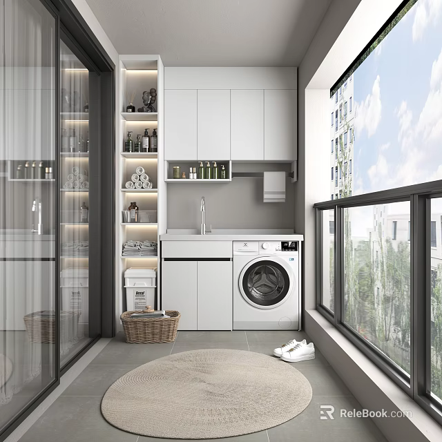 Modern Home Balcony Design With White Cabinets Washing Machine Storage Shelves And Large Windows 3d model 